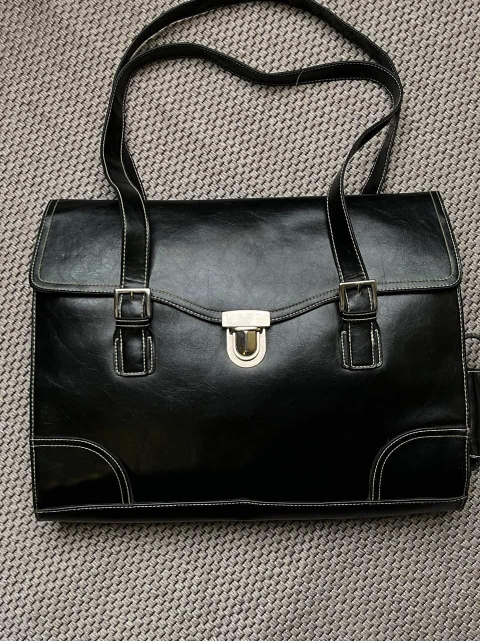 Worthington Black Faux Leather Laptop Tote Bag Briefcase Work Shoulder Bag Flap