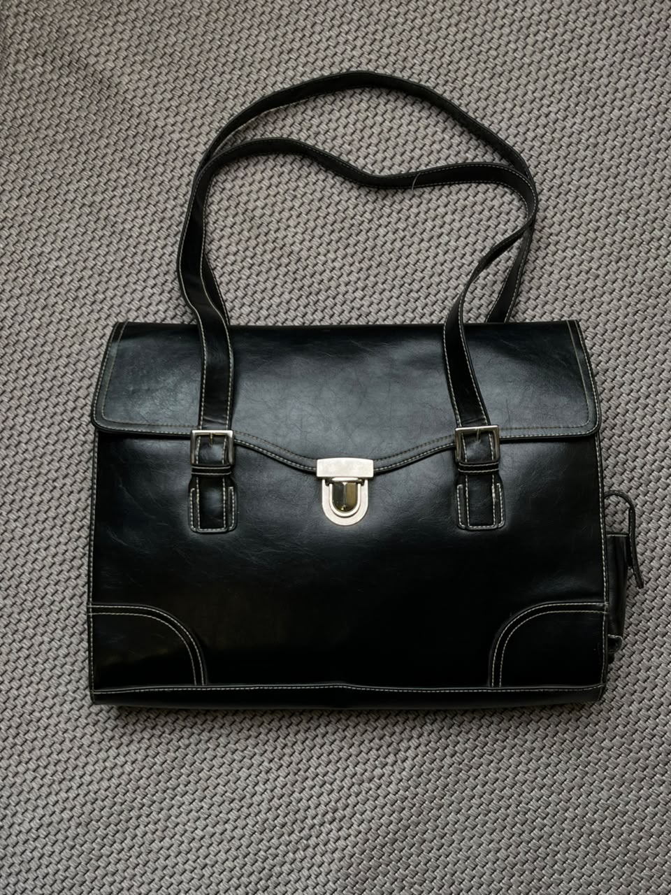 Worthington Black Faux Leather Laptop Tote Bag Briefcase Work Shoulder Bag Flap