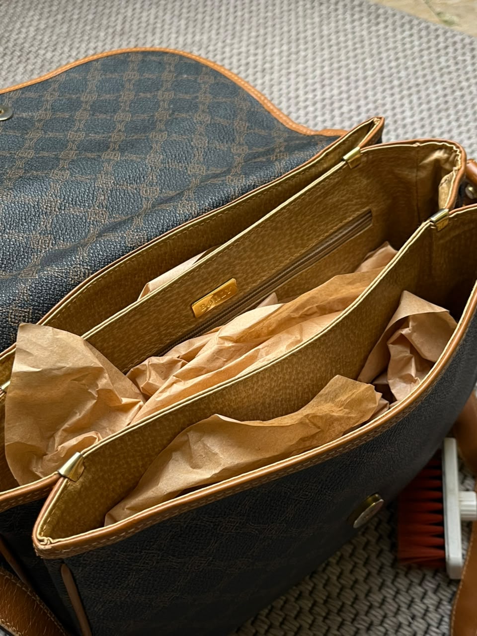 Vintage Bally Monogram Crossbody Flap Bag Brown Coated Canvas Saddle Shoulder