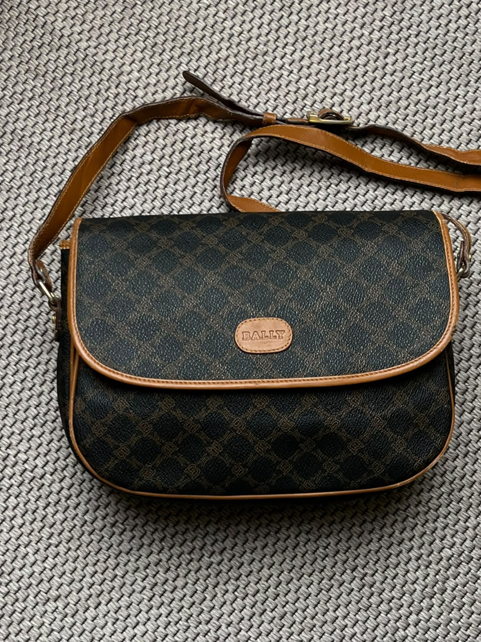 Vintage Bally Monogram Crossbody Flap Bag Brown Coated Canvas Saddle Shoulder