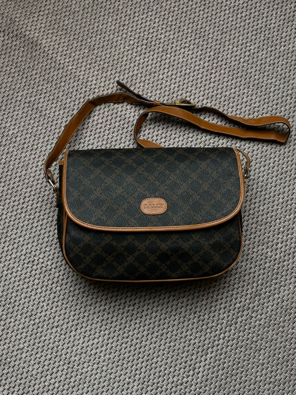 Vintage Bally Monogram Crossbody Flap Bag Brown Coated Canvas Saddle Shoulder