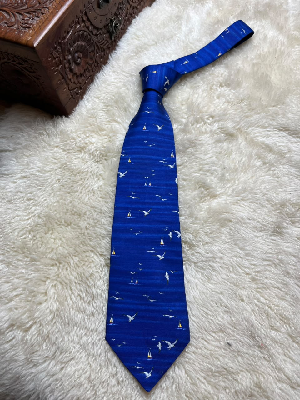Dunhill Silk Cobalt Blue Seagulls Sailboats Nautical Ocean TIE