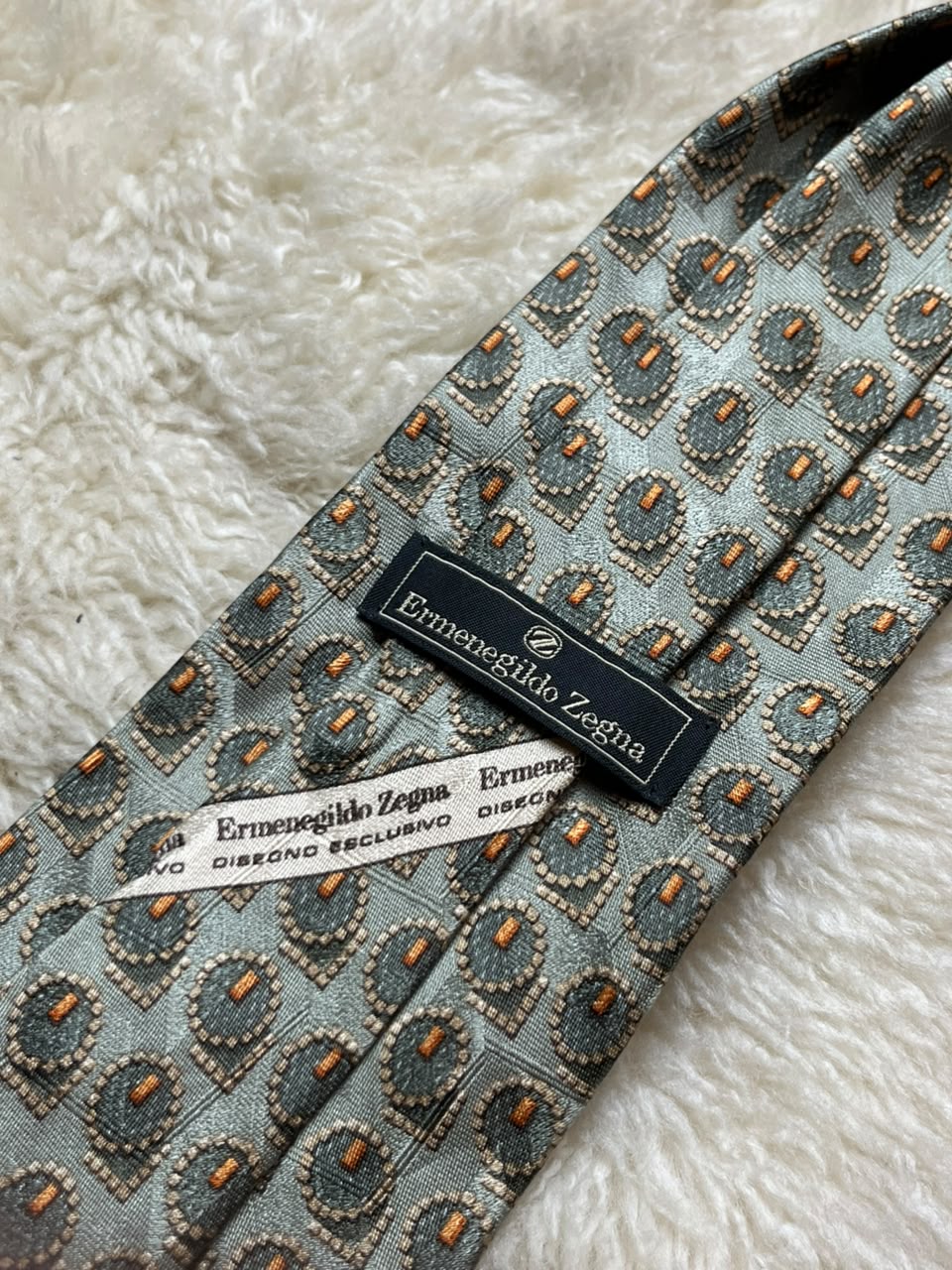 Ermenegildo Zegna Disegno Esclusivo Rubenstein Bros Silk Tie Mens Sage Green Orange Medallion Italy