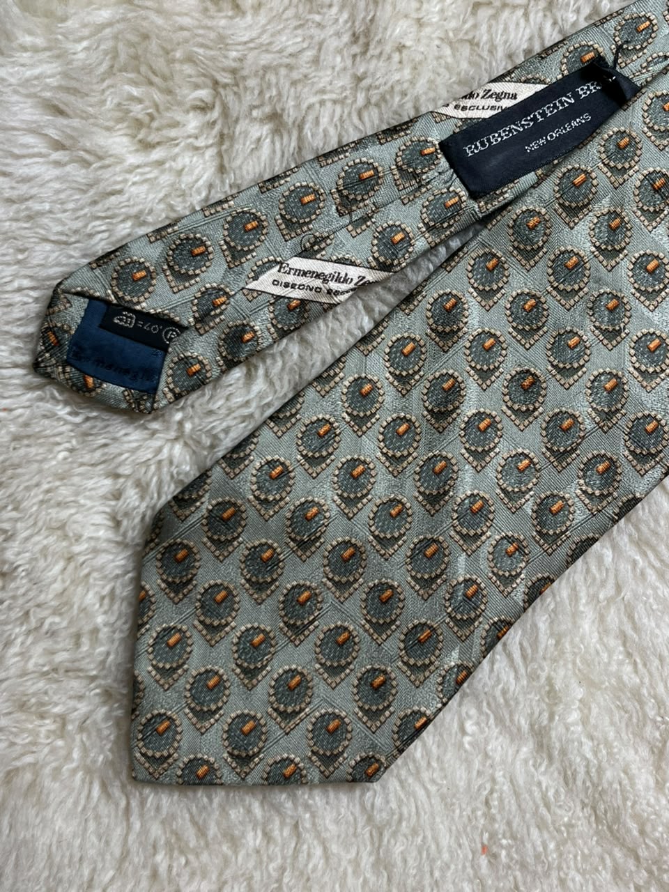 Ermenegildo Zegna Disegno Esclusivo Rubenstein Bros Silk Tie Mens Sage Green Orange Medallion Italy