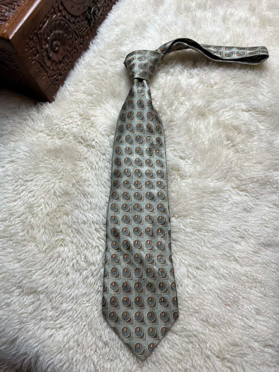Ermenegildo Zegna Disegno Esclusivo Rubenstein Bros Silk Tie Mens Sage Green Orange Medallion Italy