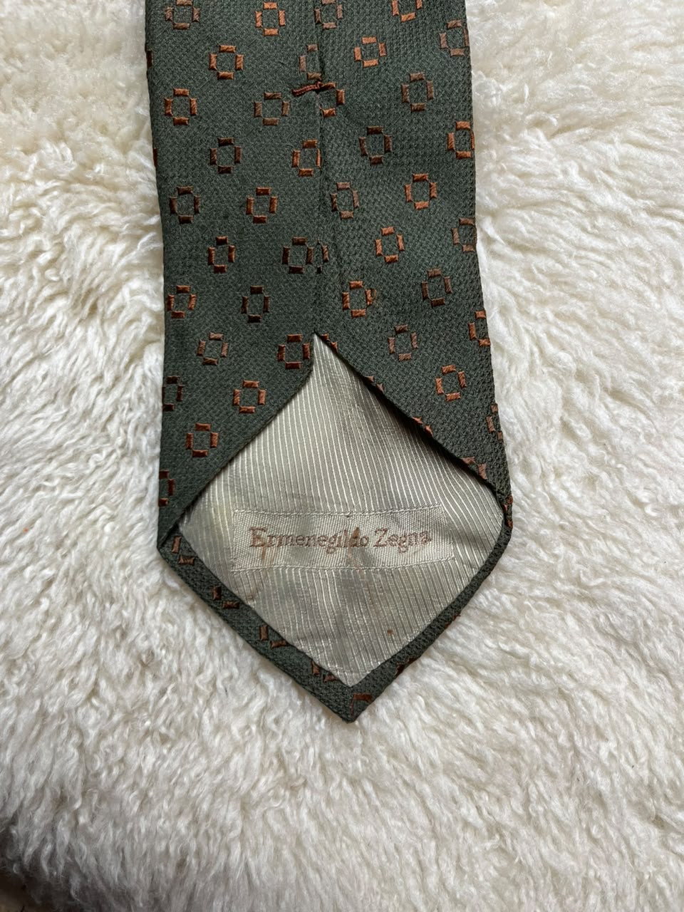Ermenegildo Zegna Silk Tie Mens Olive Green Brown Geometric Squares Motif Italy