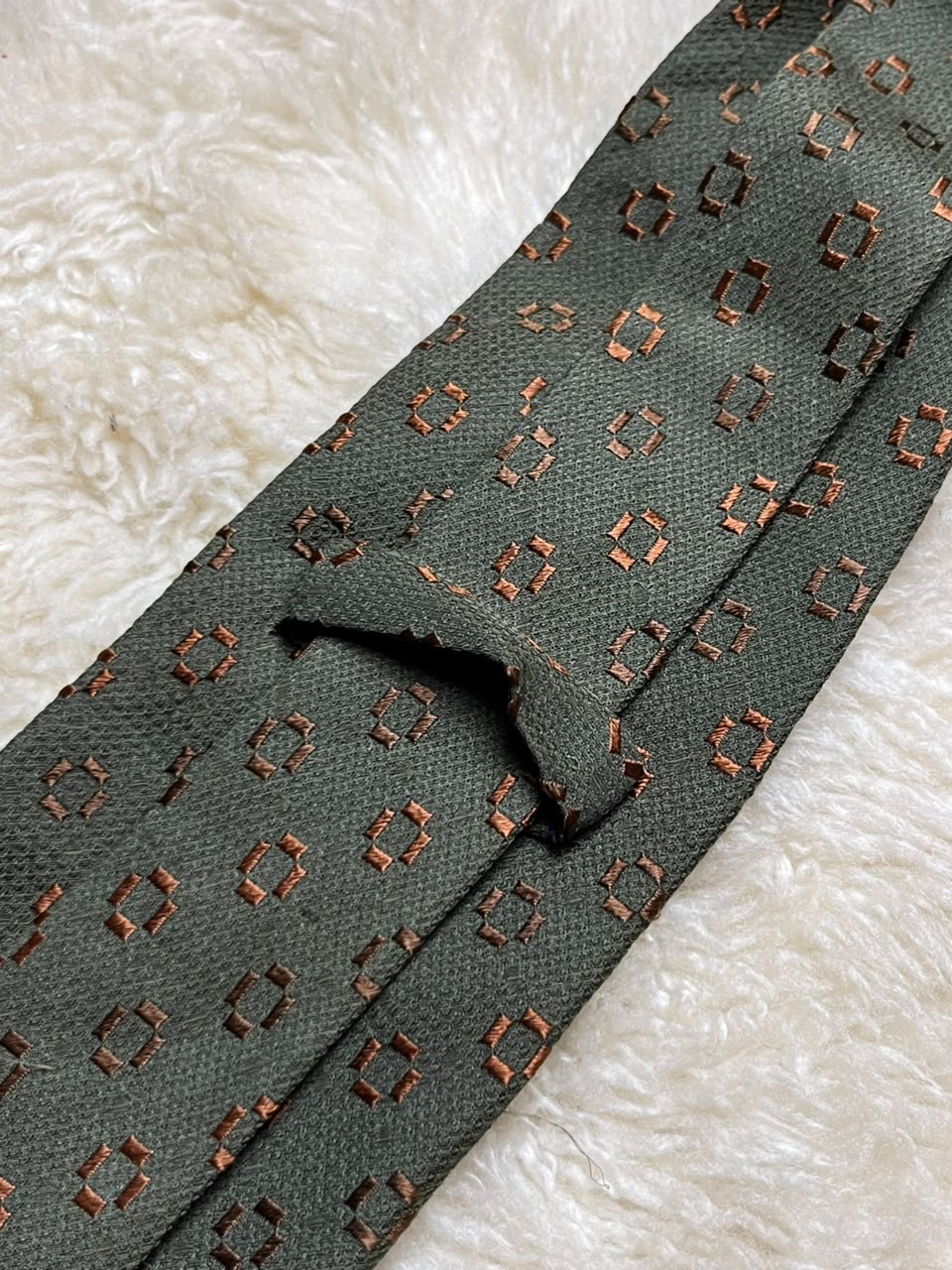 Ermenegildo Zegna Silk Tie Mens Olive Green Brown Geometric Squares Motif Italy