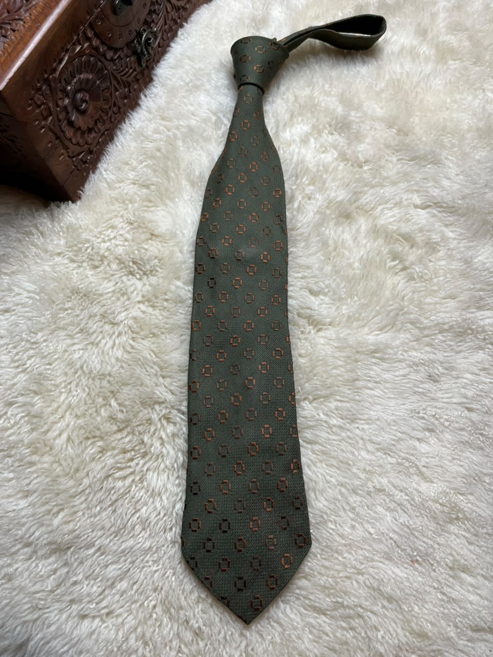 Ermenegildo Zegna Silk Tie Mens Olive Green Brown Geometric Squares Motif Italy