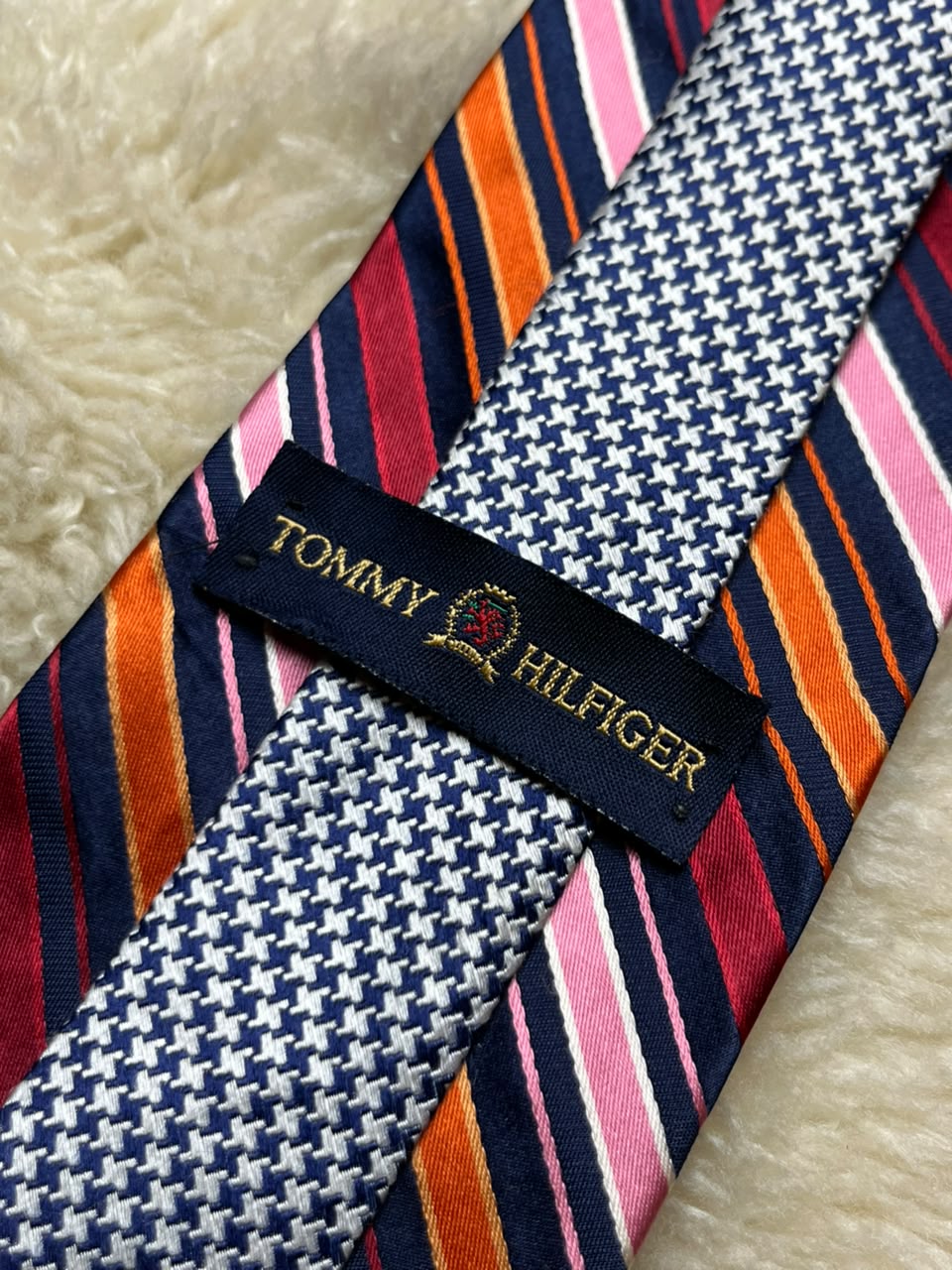 Tommy Hilfiger Vintage Silk Tie Mens Navy Blue Pink Orange Striped Houndstooth Motif