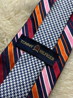Tommy Hilfiger Vintage Silk Tie Mens Navy Blue Pink Orange Striped Houndstooth Motif