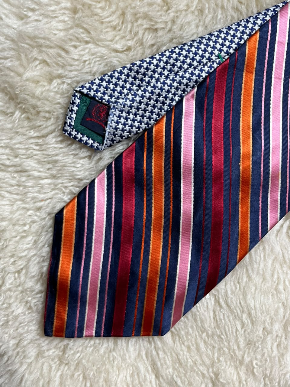 Tommy Hilfiger Vintage Silk Tie Mens Navy Blue Pink Orange Striped Houndstooth Motif