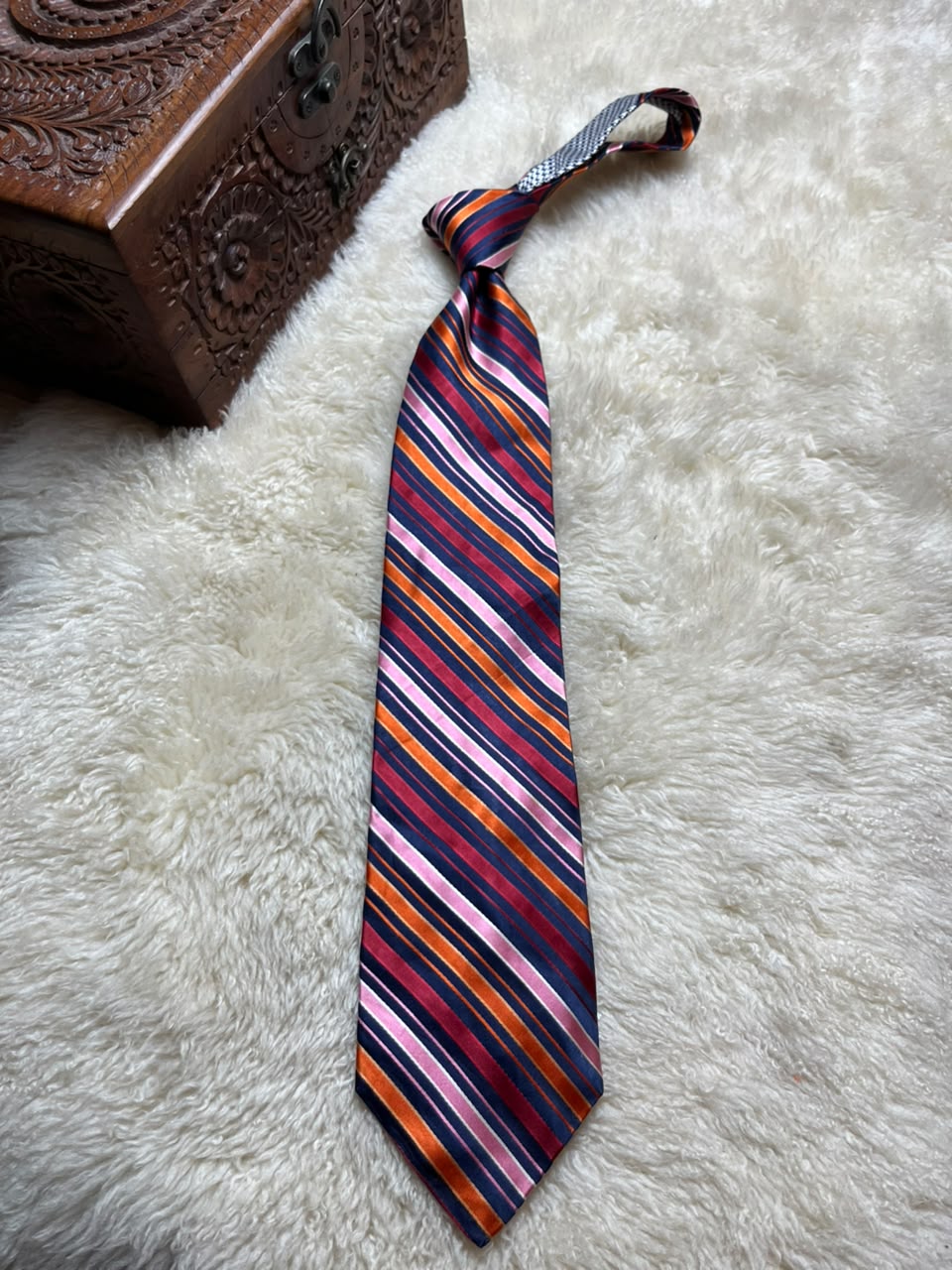 Tommy Hilfiger Vintage Silk Tie Mens Navy Blue Pink Orange Striped Houndstooth Motif