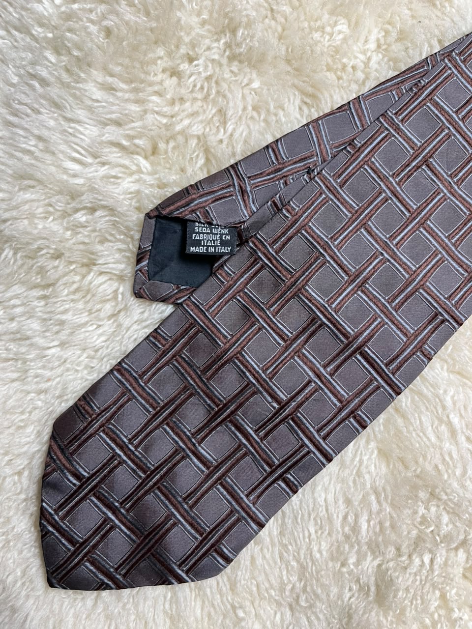 Boss Hugo Boss 100% Silk Tie Mens Brown Grey Woven Basketweave Grid Motif Italy