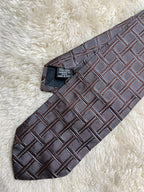 Boss Hugo Boss 100% Silk Tie Mens Brown Grey Woven Basketweave Grid Motif Italy