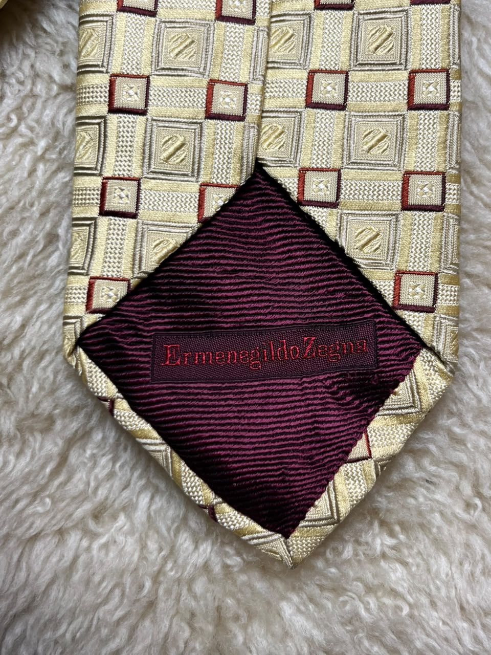 Ermenegildo Zegna Silk Tie Mens Gold Beige Burgundy Geometric Square Motif Italy