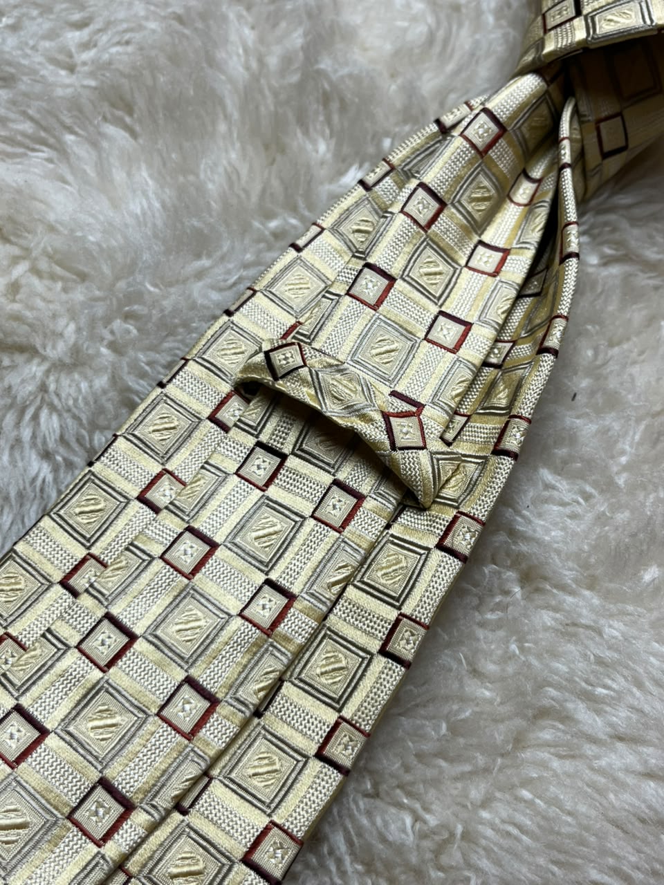 Ermenegildo Zegna Silk Tie Mens Gold Beige Burgundy Geometric Square Motif Italy