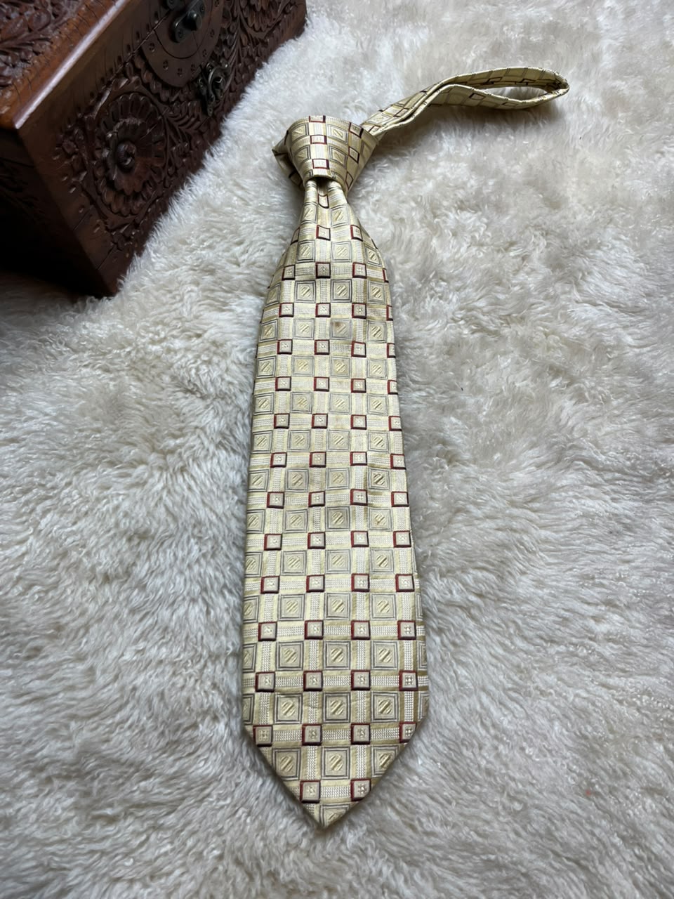 Ermenegildo Zegna Silk Tie Mens Gold Beige Burgundy Geometric Square Motif Italy