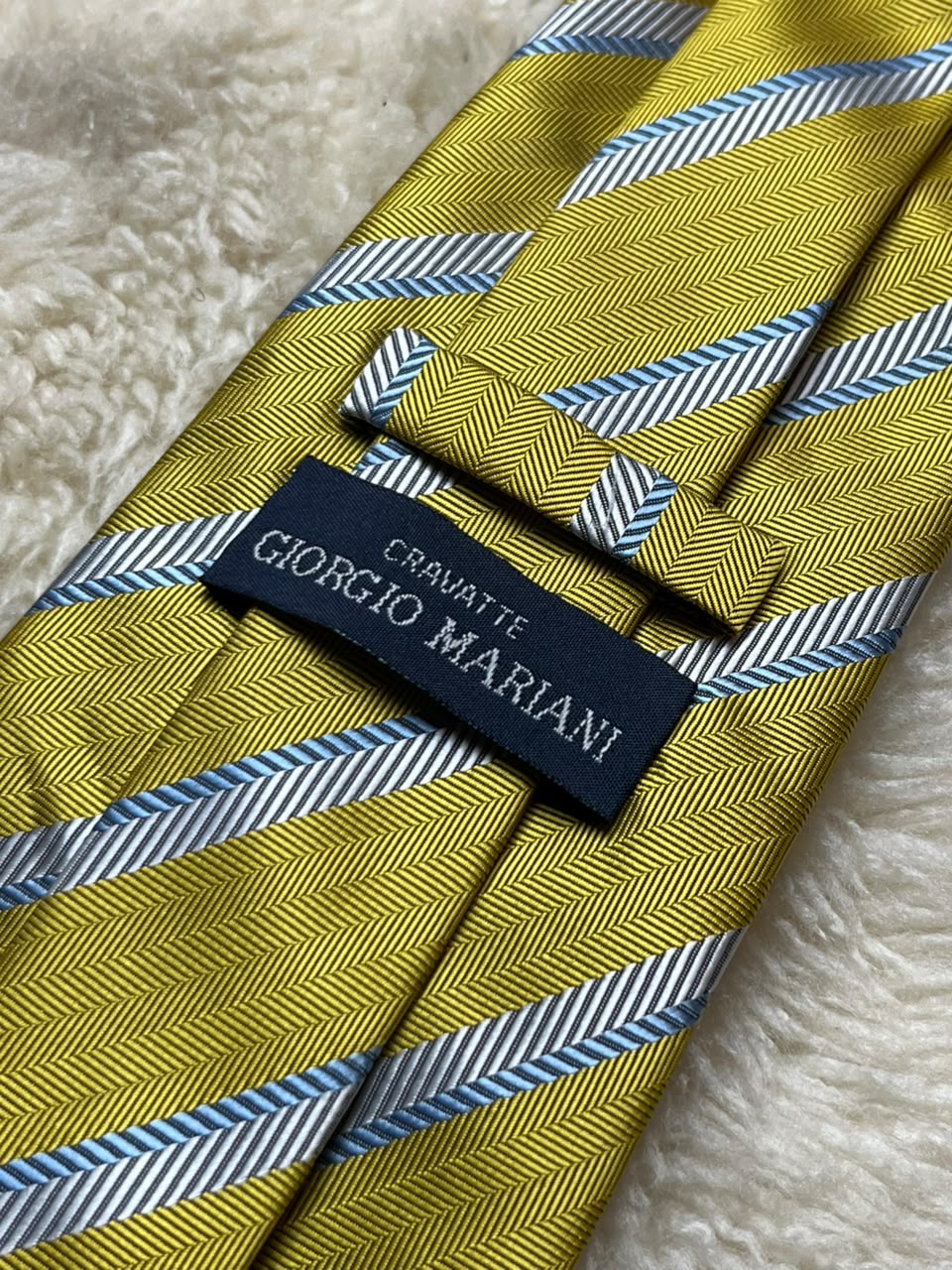 Giorgio Mariani Cravatte Silk Tie Mens Yellow Silver Blue Herringbone Striped Italy