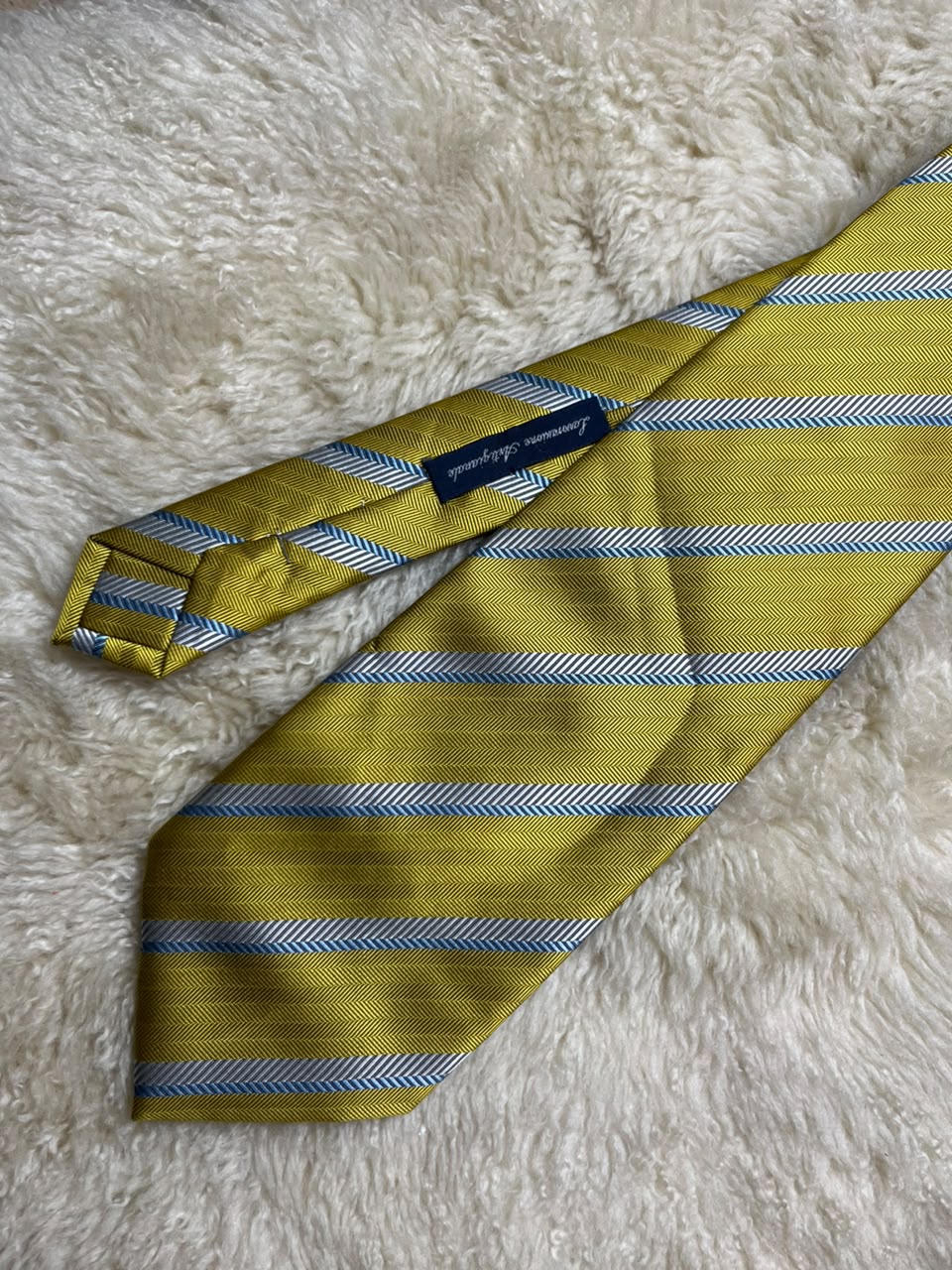 Giorgio Mariani Cravatte Silk Tie Mens Yellow Silver Blue Herringbone Striped Italy