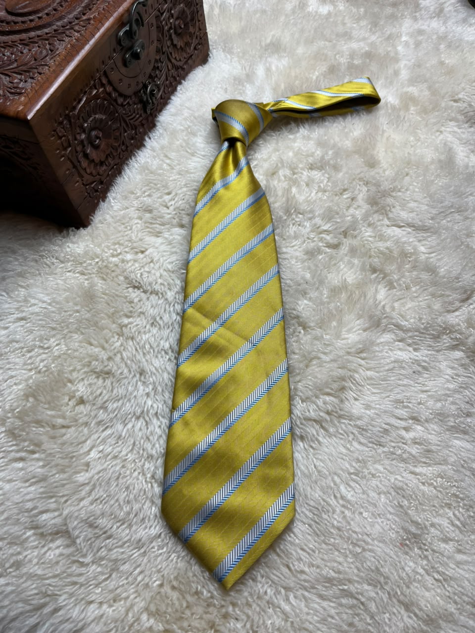 Giorgio Mariani Cravatte Silk Tie Mens Yellow Silver Blue Herringbone Striped Italy