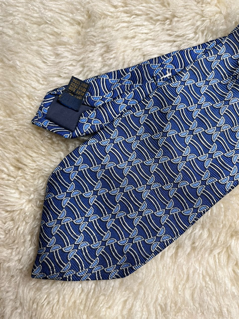 Celine Paris 100% Silk Tie Mens Blue Geometric Abstract Pattern Luxury Spain