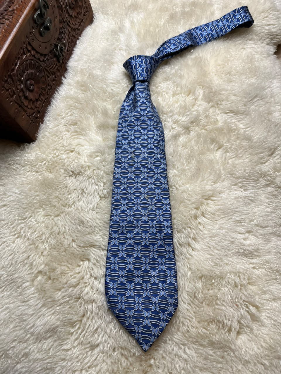 Celine Paris 100% Silk Tie Mens Blue Geometric Abstract Pattern Luxury Spain