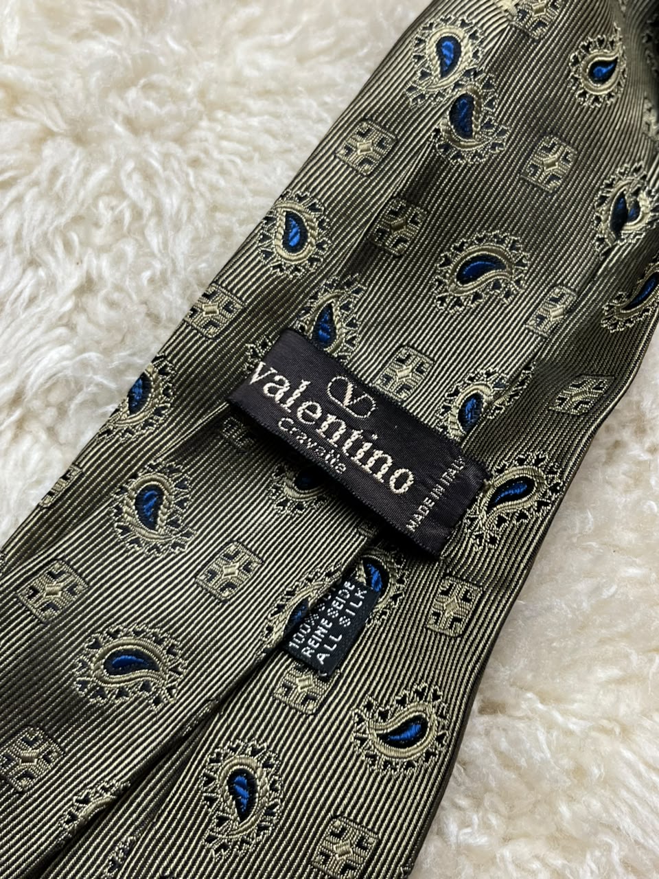 Valentino Cravatte 100% Silk Tie Mens Olive Green Gold Blue Paisley Medallion Italy