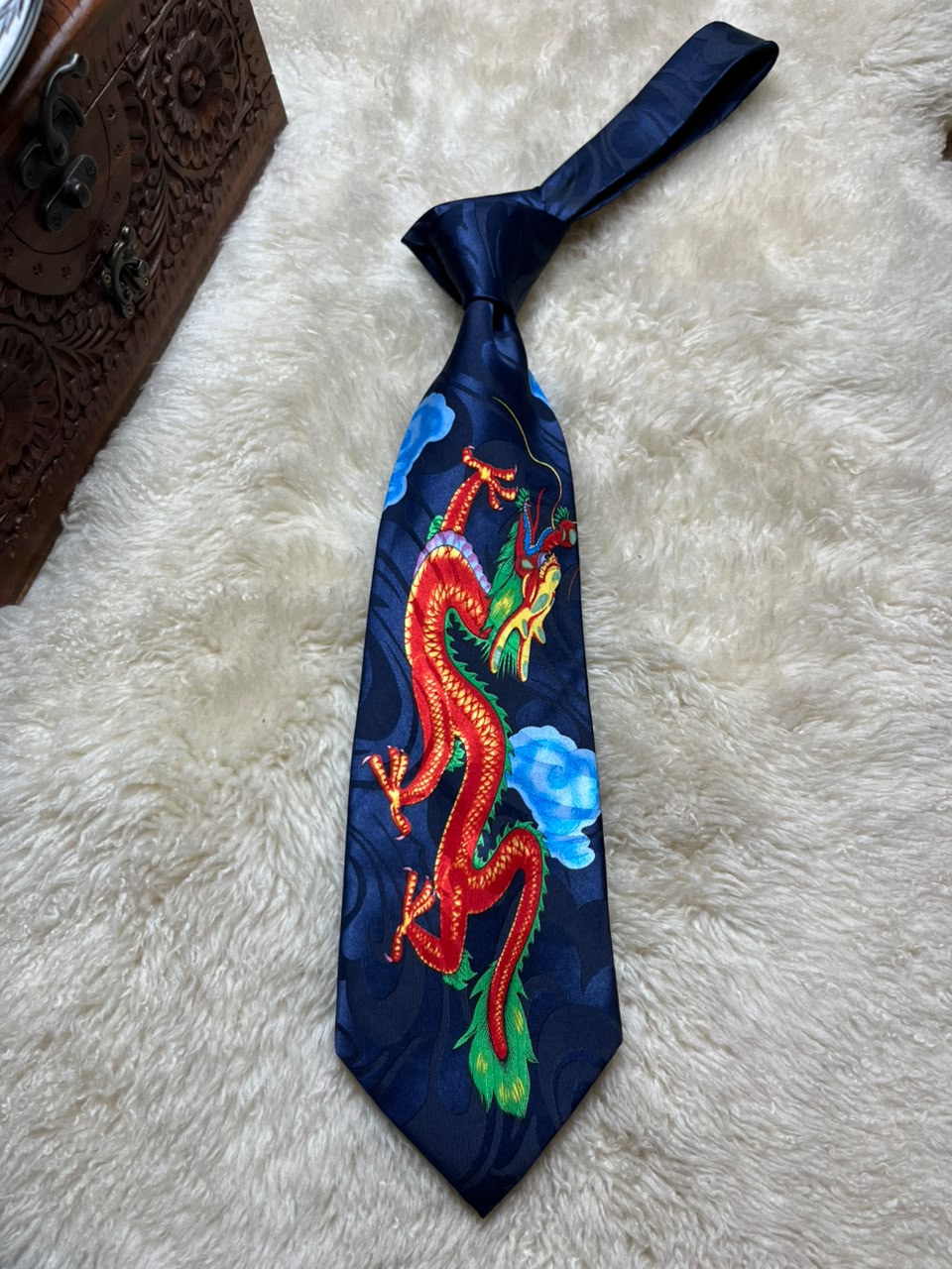Montebello Milano Italy Silk Tie Mens Navy Blue Red Chinese Dragon Motif