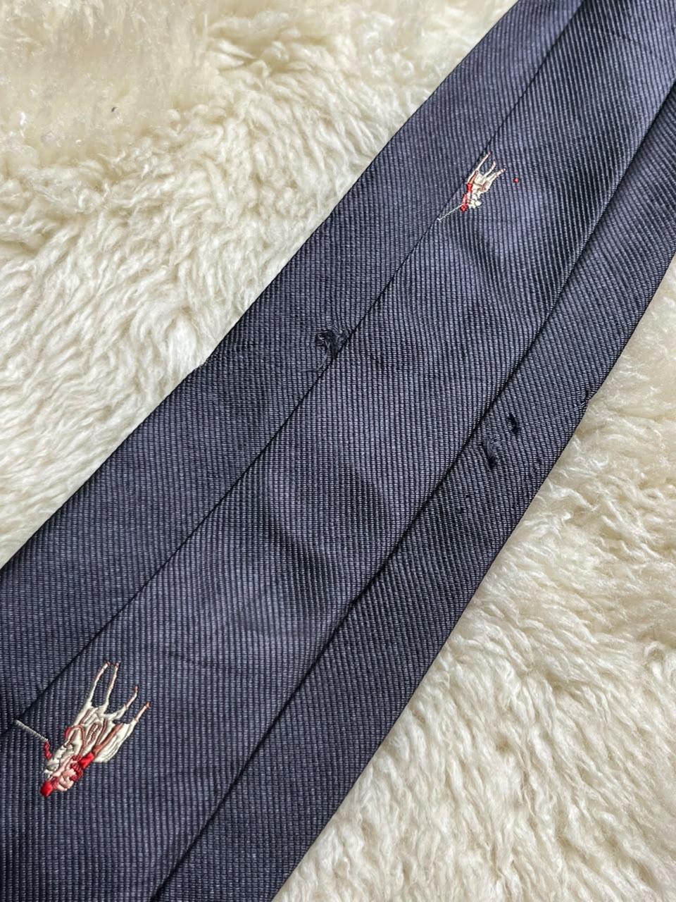 Polo Ralph Lauren Silk Tie Mens Charcoal Gray Navy Blue Embroidered Pony Logo USA