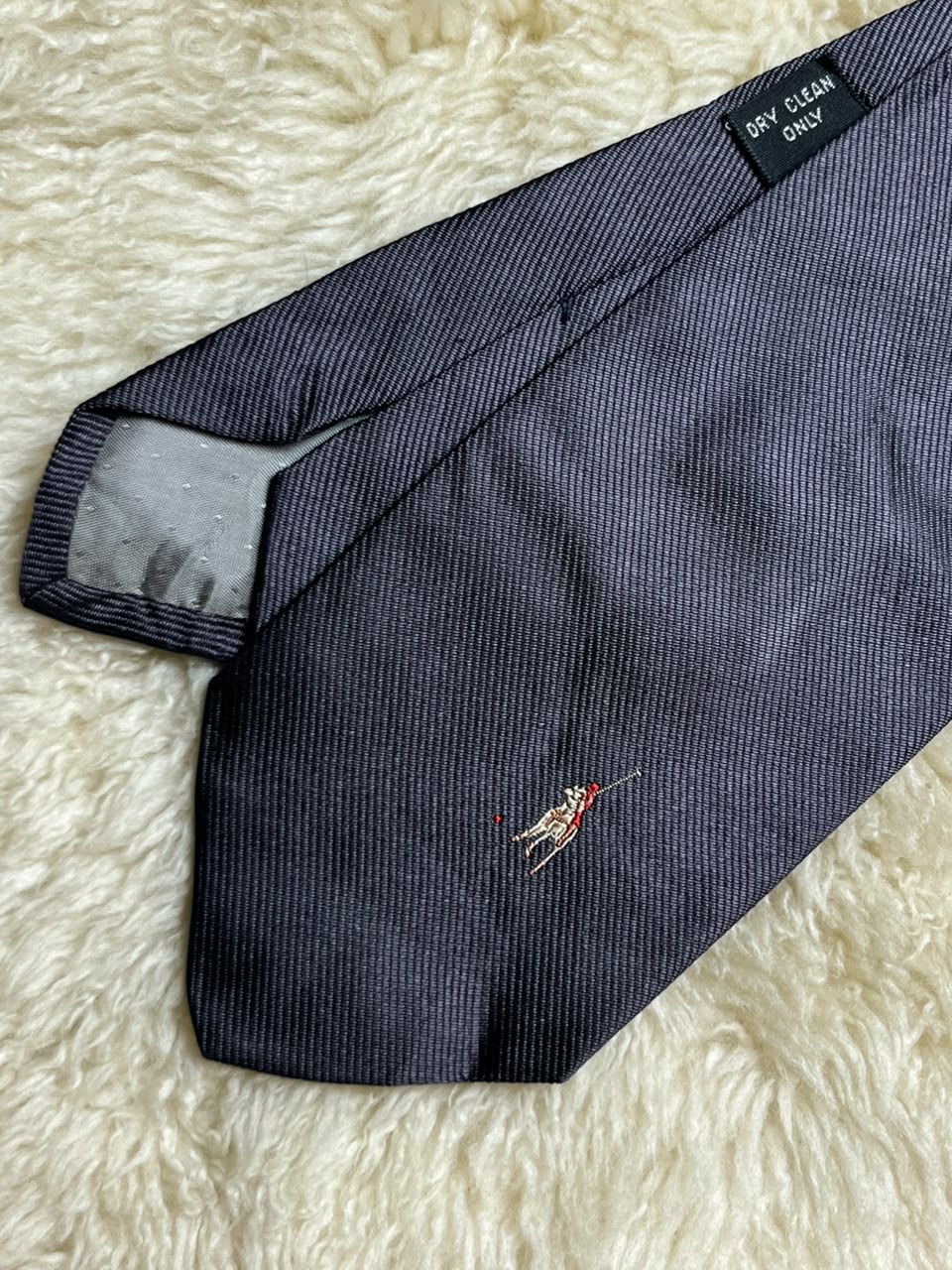 Polo Ralph Lauren Silk Tie Mens Charcoal Gray Navy Blue Embroidered Pony Logo USA