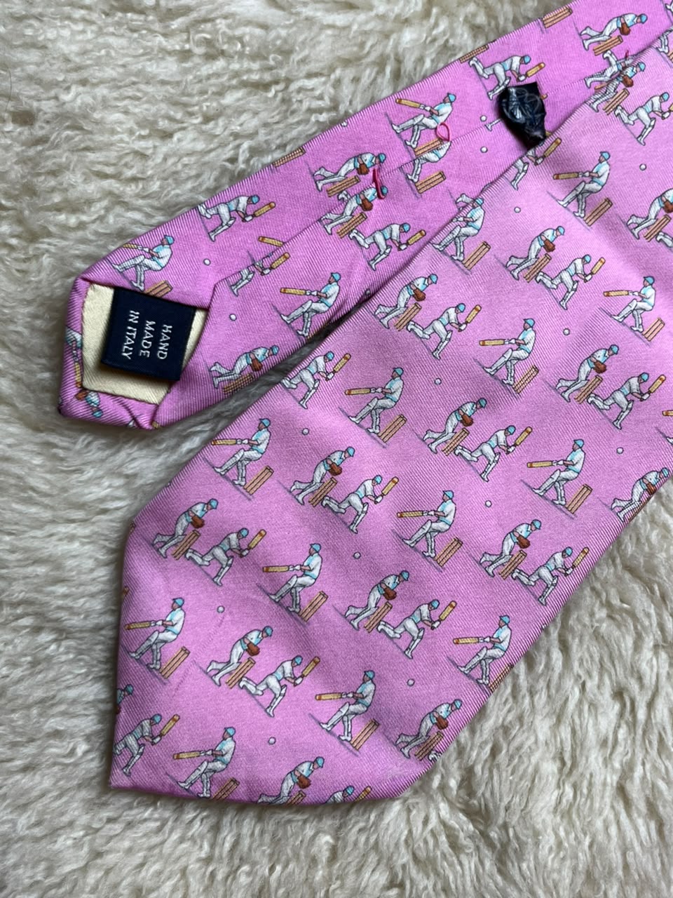 Polo by Ralph Lauren Document No. 9 Silk Tie Mens Pink Cricket Sport Motif Italy