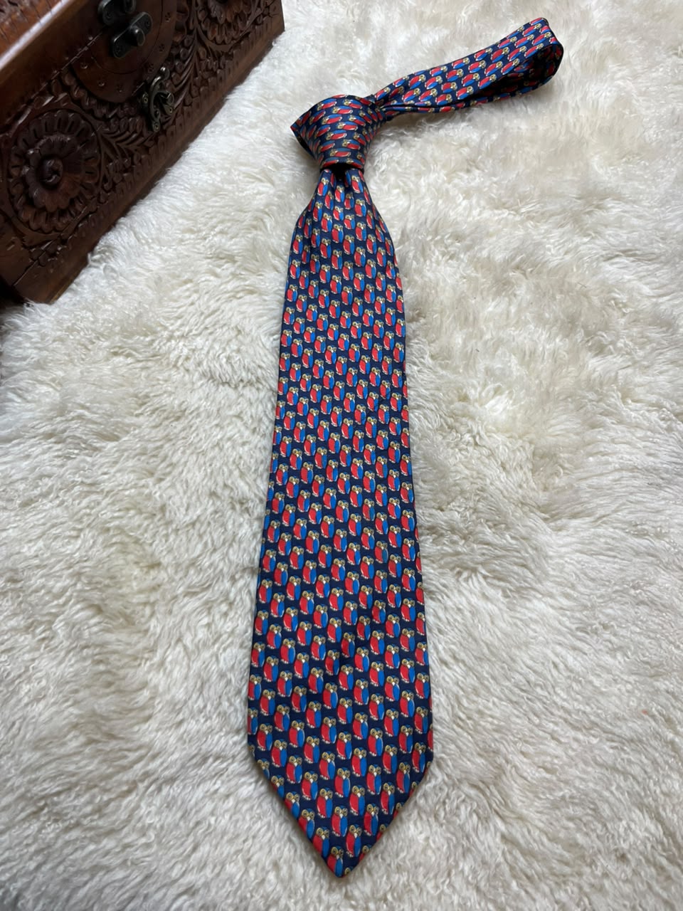 Jonelle Silk Tie Mens Navy Blue Red Yellow Owl Bird Animal Motif UK