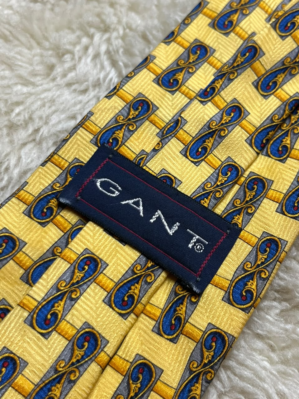 Gant 100% Silk Tie Mens Yellow Blue Baroque Scroll Geometric Lattice USA