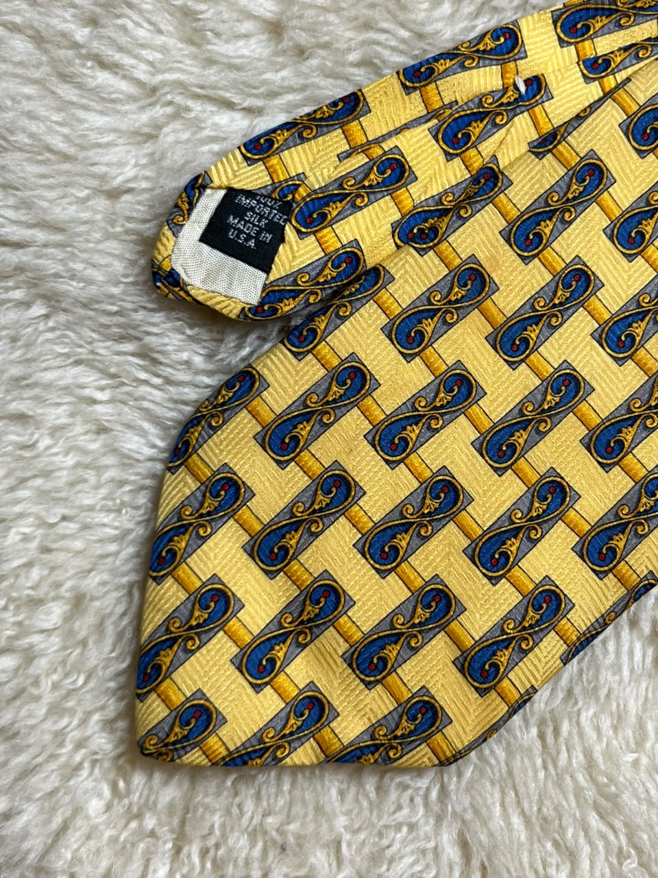 Gant 100% Silk Tie Mens Yellow Blue Baroque Scroll Geometric Lattice USA