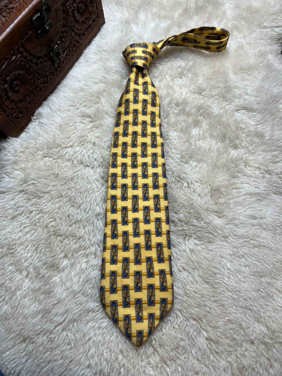 Gant 100% Silk Tie Mens Yellow Blue Baroque Scroll Geometric Lattice USA