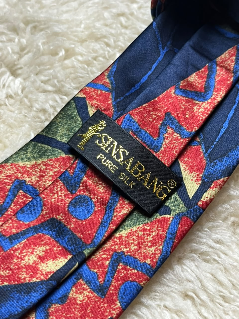 Sinsabang 100% Pure Silk Tie Mens Blue Red Green Abstract Geometric Art Motif