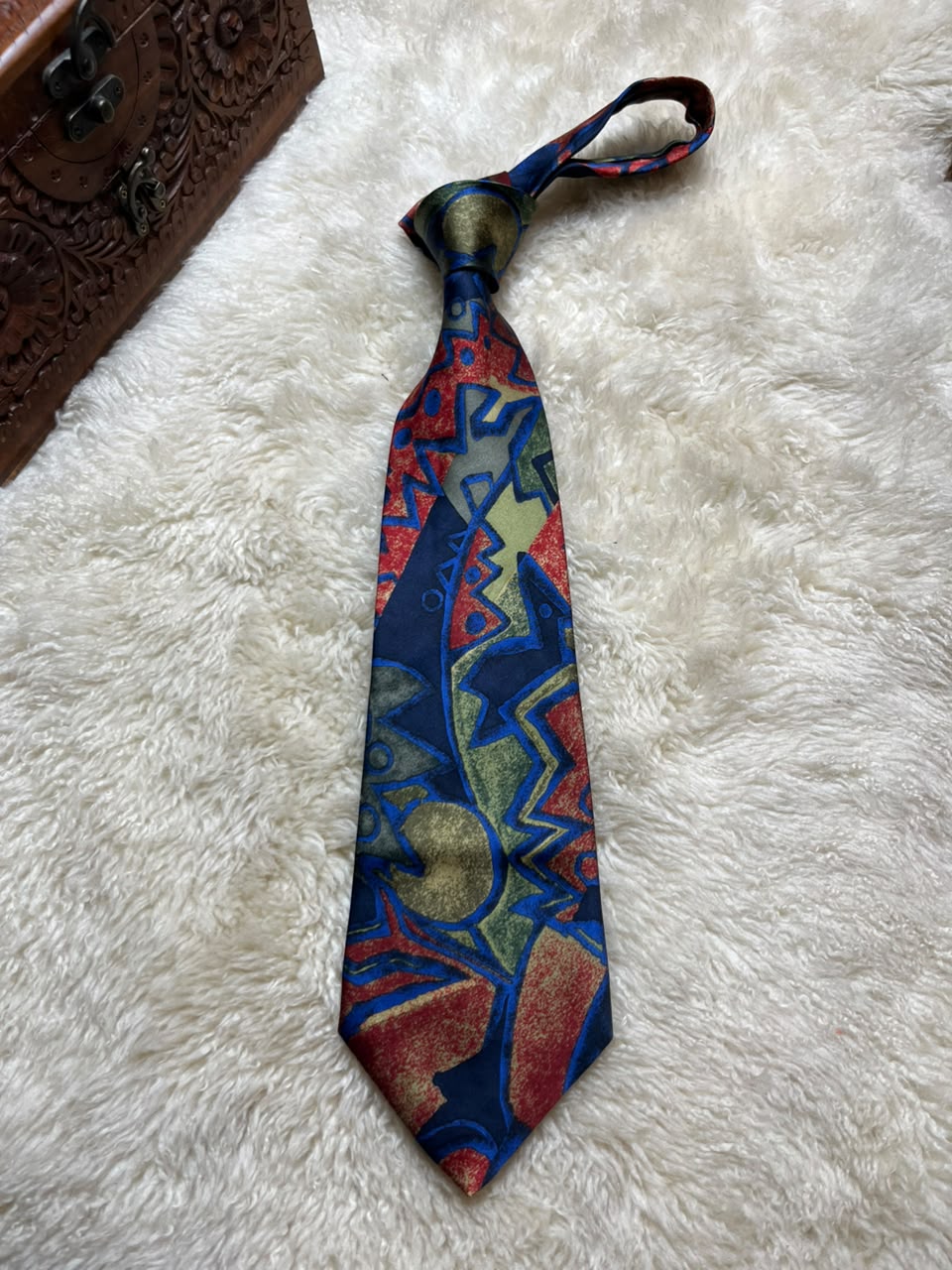 Sinsabang 100% Pure Silk Tie Mens Blue Red Green Abstract Geometric Art Motif