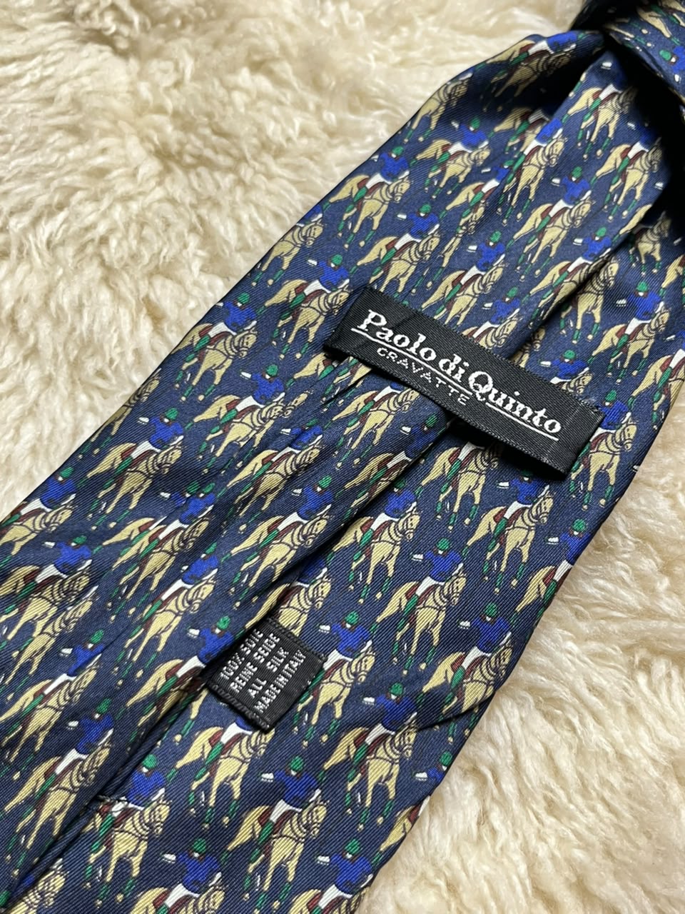 Paolo di Quinto 100% Silk Tie Mens Navy Blue Gold Equestrian Jockey Horse Racing Motif Italy