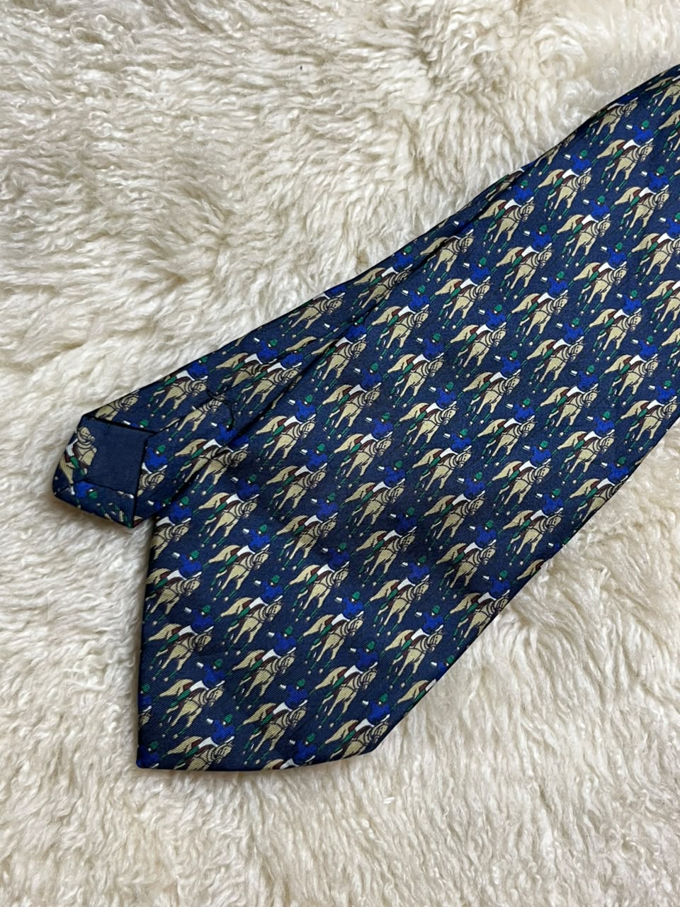 Paolo di Quinto 100% Silk Tie Mens Navy Blue Gold Equestrian Jockey Horse Racing Motif Italy