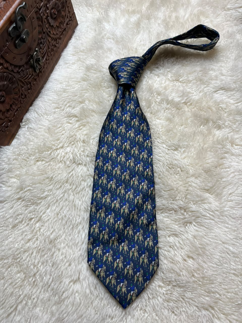 Paolo di Quinto 100% Silk Tie Mens Navy Blue Gold Equestrian Jockey Horse Racing Motif Italy