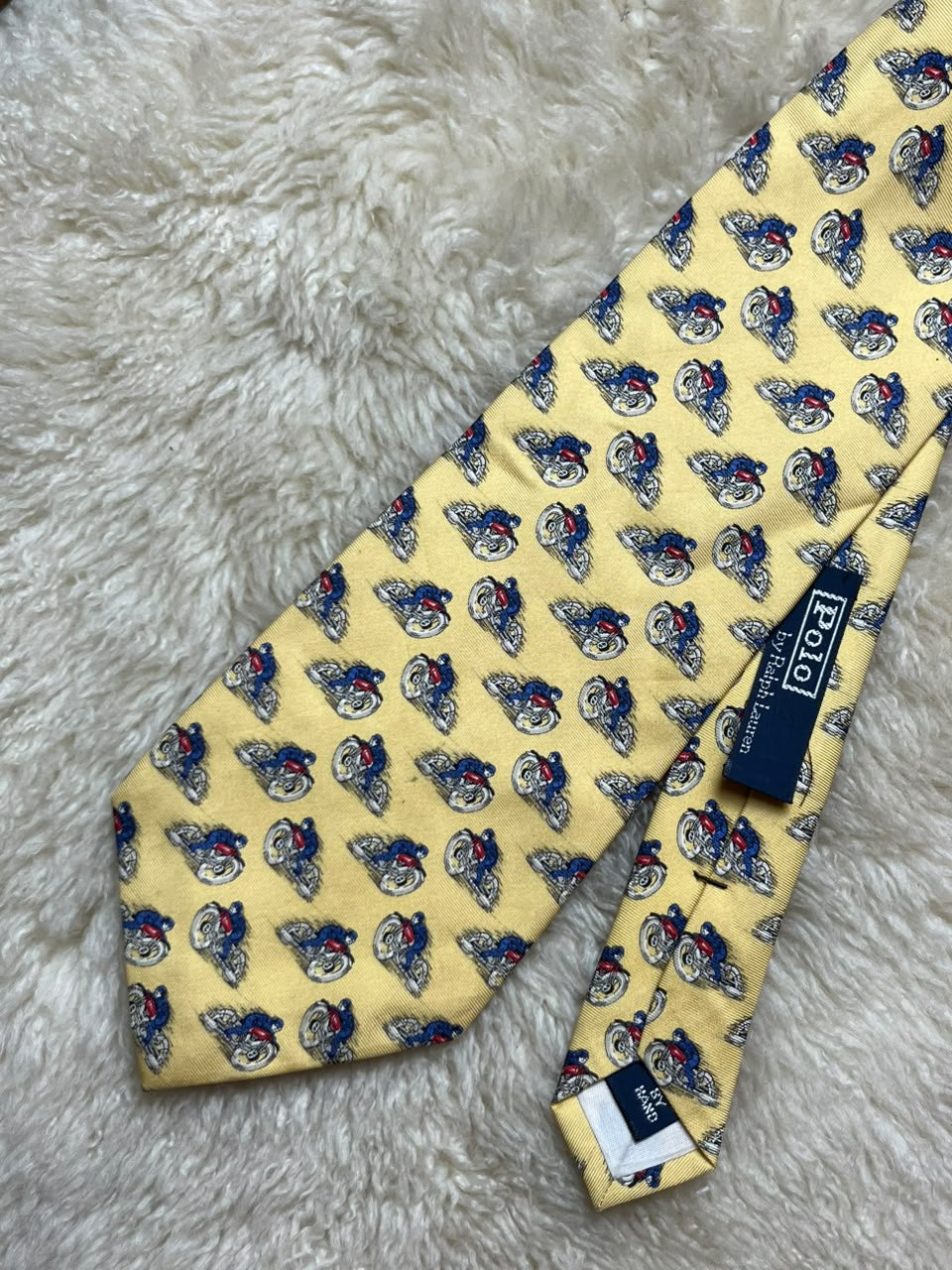 Polo by Ralph Lauren 100% Silk Tie Mens Yellow Blue Motorcycle Biker Racing Motif USA