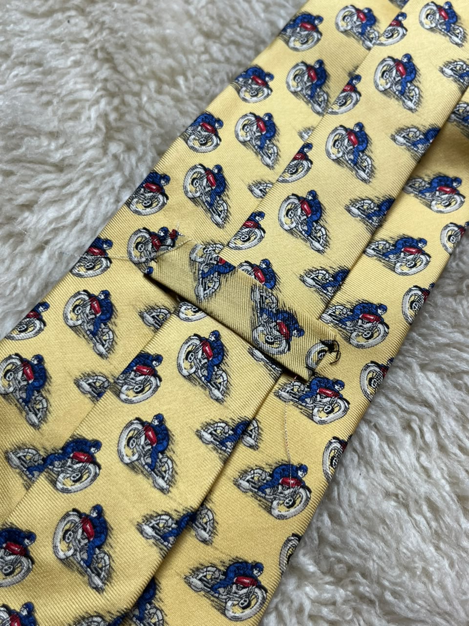 Polo by Ralph Lauren 100% Silk Tie Mens Yellow Blue Motorcycle Biker Racing Motif USA