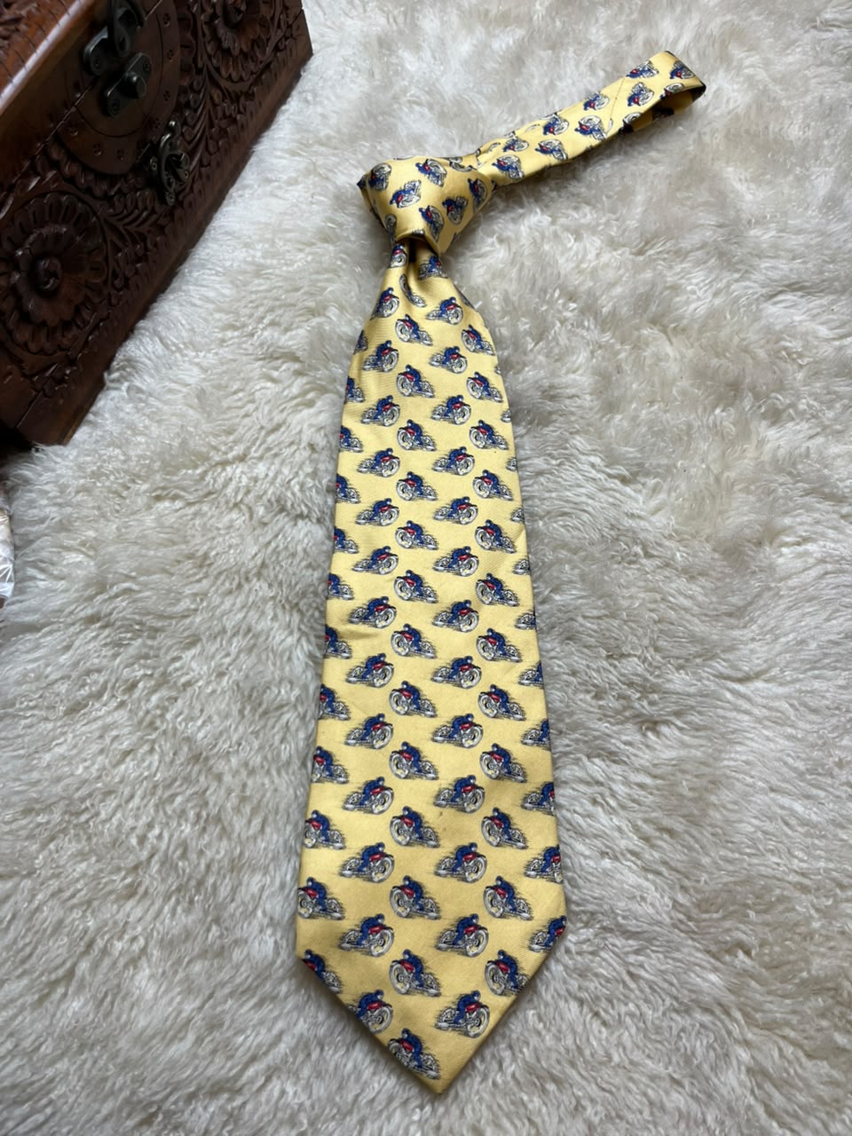 Polo by Ralph Lauren 100% Silk Tie Mens Yellow Blue Motorcycle Biker Racing Motif USA