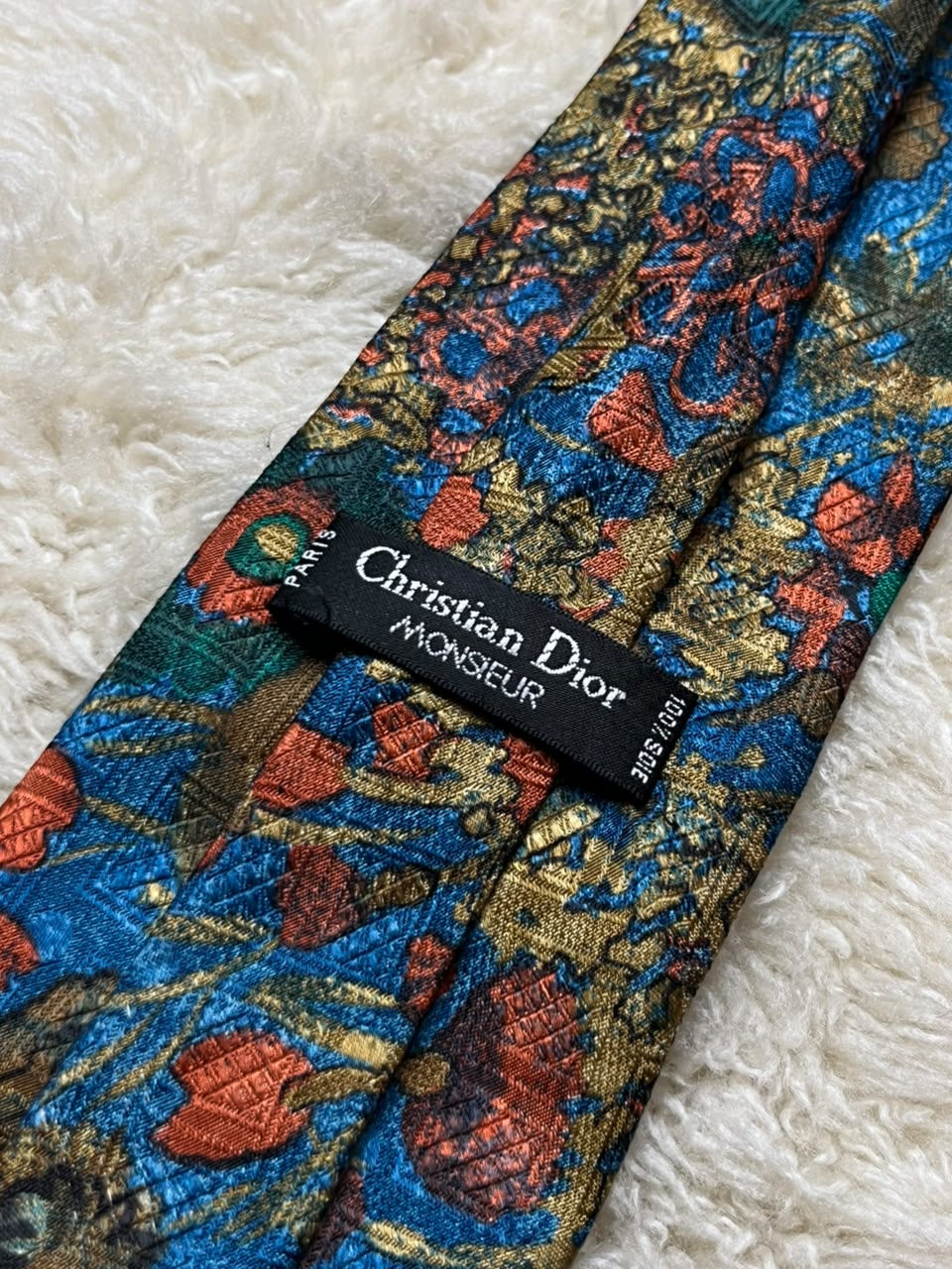 Christian Dior Monsieur 100% Silk Tie Mens Blue Gold Orange Floral Baroque Medallion France