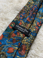 Christian Dior Monsieur 100% Silk Tie Mens Blue Gold Orange Floral Baroque Medallion France