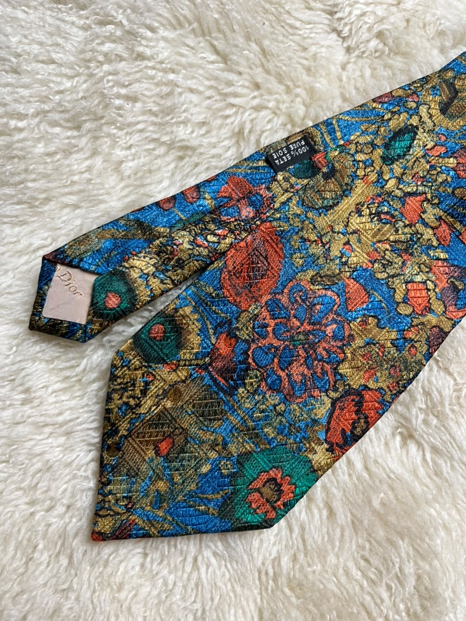 Christian Dior Monsieur 100% Silk Tie Mens Blue Gold Orange Floral Baroque Medallion France