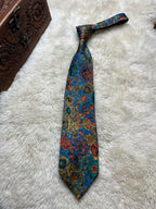 Christian Dior Monsieur 100% Silk Tie Mens Blue Gold Orange Floral Baroque Medallion France