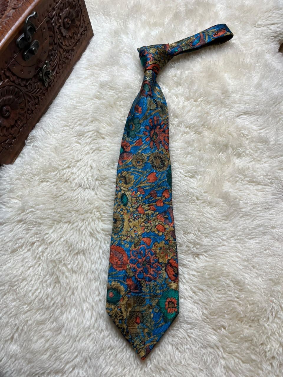 Christian Dior Monsieur 100% Silk Tie Mens Blue Gold Orange Floral Baroque Medallion France