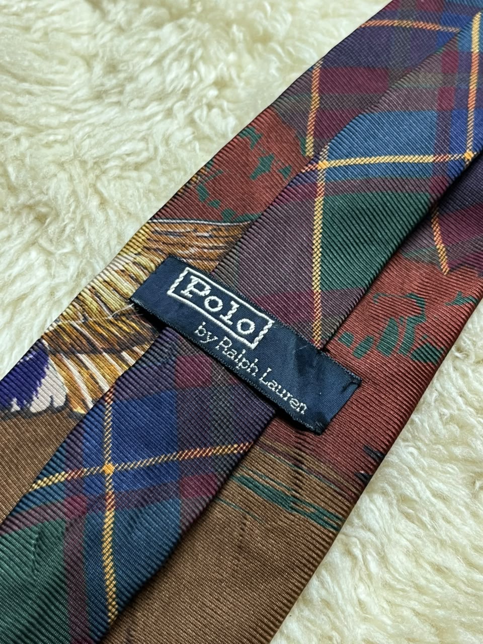 Polo by Ralph Lauren Silk Tie Mens Brown Tartan Plaid Duck Hunting Motif USA