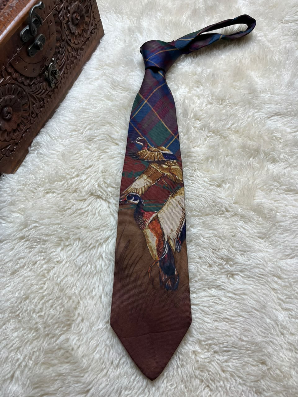 Polo by Ralph Lauren Silk Tie Mens Brown Tartan Plaid Duck Hunting Motif USA